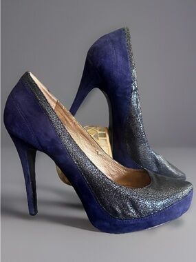 BCBG Paris Y2K Platform Pumps 9B Navy Suede Metallic Stiletto Party Heels